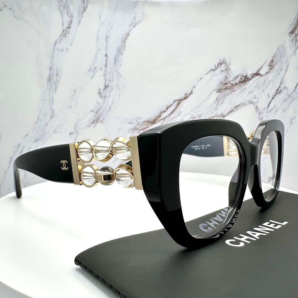 New CHANEL Eyeglasses Black Gold Cat Eye Clear Rotating Pearls 52mm - Picture 4 of 15